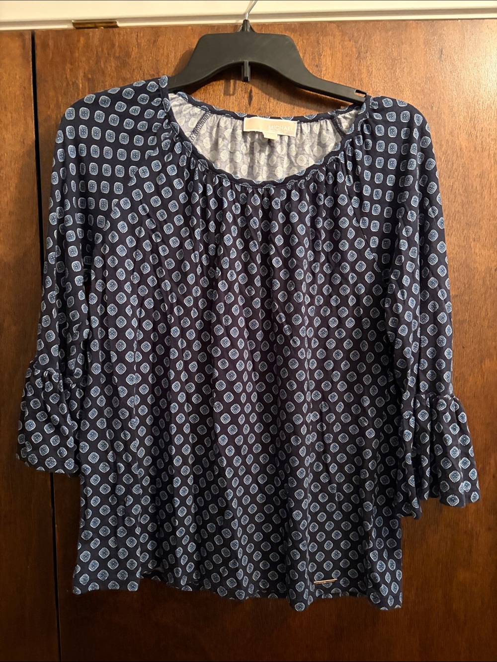 Michael Kors Navy Printed Peasant Blouse